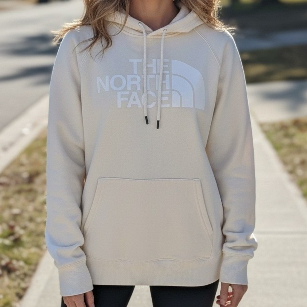 The North Face Womens Cream Pullover Hoodie Logo Sweatshirt Raglan Distressed L